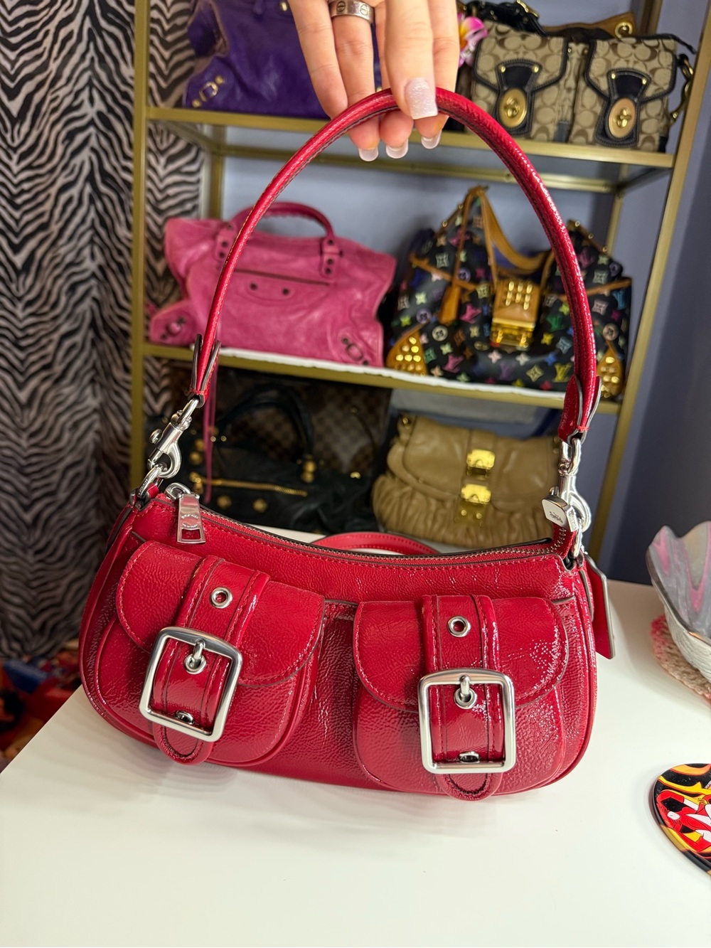 Coach Ashton Baguette Red Leather Shoulder Bag with Buckle Details